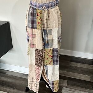 Patchwork Straight Leg Pants with Floral Accents